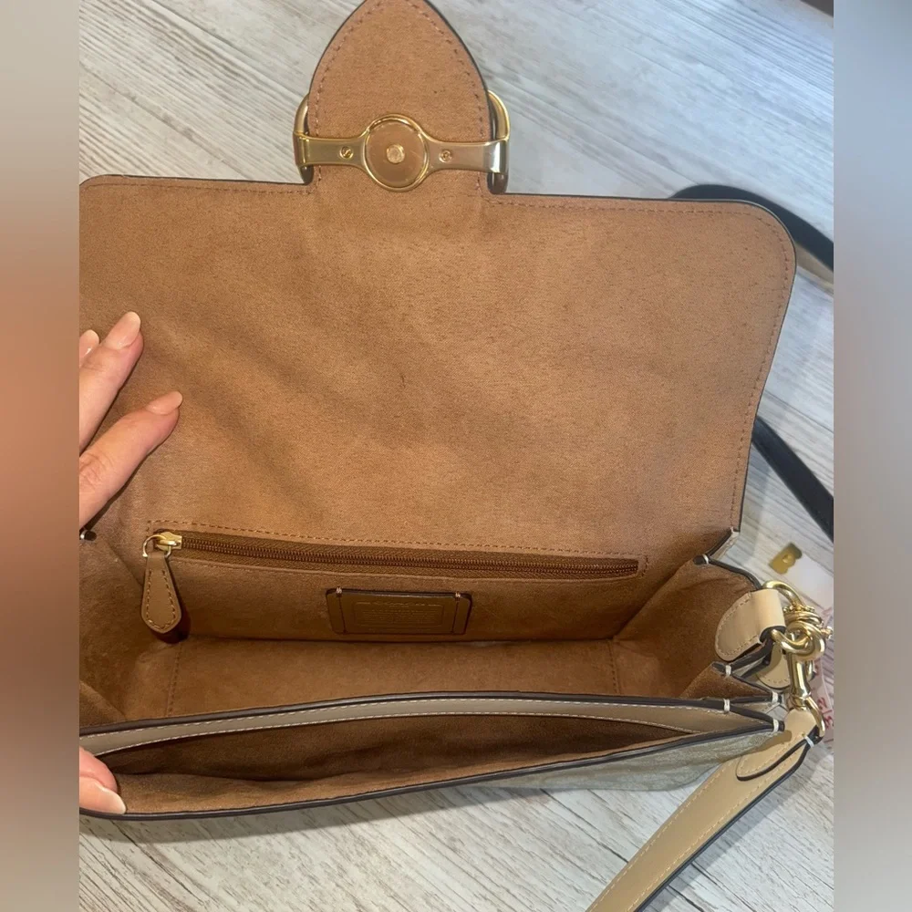 Coach Morgan Crossbody Shoulder Bag Blocked Signature Canvas Gold/Light Khaki